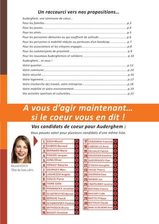 Un raccourci vers nos propositions…
         Auderghem, une commune de coeur…
         Pour les familles................................................................................................p.3
         Pour les jeunes..................................................................................................p.4
         Pour les aînés....................................................................................................p.5
         Pour les personnes démunies ou qui souffrent de solitude.................................p.6
         Pour les personnes à mobilité réduite ou porteuses d’un handicap.................... p.7
         Pour les associations et les citoyens engagés.....................................................p.8
         Pour les commerçants de proximité................................................................... p.9
         Pour les nouveaux Auderghemois et solidaire.................................................... p.10
         Auderghem… et vous !
         Votre quartier................................................................................................... p.13
         Votre commune…………………………………………………………………………………………………..p.14
         Votre sécurité………………………………………………………………………………………………………p.16
         Votre logement……………………………………………………………………………………………………p.17
         Votre (recherche de) travail, votre entreprise…………………………………………………….p.18
         Votre mobilité et votre environnement……………………………………………………………….p.19
         Vos activités sportives et culturelles……………………………………………………………………p.21




         A vous d’agir maintenant…
           si le coeur vous en dit !
                  Vos candidats de coeur pour Auderghem :
                 Vous pouvez voter pour plusieurs candidats d’une même liste.

                              1   KOCH Muriel                             17 VERDONCK Francine
                              2   DUBOIS Bernard                          18 LEBEDELLE Anne
                              3   BERNARD Marie                           19 DELVAUX Patrick
                              4   PONJÉE Jacques                          20 GRUDZIEN Karolina
                              5   JUNG Oliver                             21 GUEORGUIEV Ilian
Muriel KOCH                   6   HÉRALY Natacha                          22 STERCKX Georgette
Tête de liste cdH+            7   GEORGES Marc                            23 YASSE Thierry
                              8   LAGHEZZA Angela                         24 SIKORSKA Ewa
                              9   SOGUS Pierre                            25 NOWAK Jan
                             10   TAINE Odile                             26 CNAPELINKX Sandrine
                             11   PENNINCKX Jonathan                      27 BOYENGI Francis
                             12   DE CARTIER D'YVES Myriam                28 BAGYARY Csilla
                             13   BERGHE Pascal                           29 MERTÈS Philippe
                             14   SCHAROVSKY Paulina                      30 BISTIAUX Claude
                             15   WITHOECK Bruno                          31 MARCUS HELMONS Anne
                                                                                       -



                             16   BISSOT Christine
 