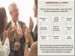 Jubilación y retiro

 Marca el cierre de una etapa, y como todo cierre
     puede ser majestuoso o problemático


                      cuanto
Establece tu                             Calcula la
                     necesitas
   meta                                  inflación
                      ahorrar


                     Estima el
 Calcula tus                             Actúa hoy
                    dinero que
necesidades                               mismo
                    necesitaras


 Estima tu          Libérate de             Lleva
  ingreso             pasivos             registros



Hay quienes ganan actualmente bastante dinero al
año y les será difícil mantener un buen nivel de vida
 una vez que se retiren, además muchos tendrán
   que sostener económicamente a sus padres.
 