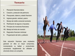 Temario


I.     Planeación financiera básica
II.    Creación y protección del patrimonio
III.   Presupuesto, balance y estado financiero
IV. Ingresos ganado, residual y pasivo
V.     Manejo del crédito comercial revolvente
VI. Planificación de seguros e impuestos
VII. Principios de inversiones financieras
VIII. Manejo de fondos de inversión
IX. Diagnostico financiero individual
X.     Programación del retiro y jubilación


Esta educación financiera para empleados
generará en ellos un mayor compromiso,
incrementando su lealtad y productividad,
aumentando tangiblemente las utilidades y
ahorrando dinero a la compañía.
 
