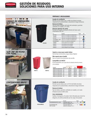 14
GESTIÓN DE RESIDUOS:
SOLUCIONES PARA USO INTERNO
Canales de ventilación
Permiten que las bolsas sean un 80% más fáciles de extraer,
mejorando así la productividad y reduciendo el riesgo de lesiones
Ranuras de bolsas
Fijan las bolsas alrededor del borde del contenedor y permiten
cambiarlas con rapidez y sin nudos
Diversas opciones de carrito
Permiten la recogida y transporte eficiente de hasta cuatro
contenedores Slim Jim®
Canales de ventilación
Permiten que las bolsas sean un 50 % más fáciles de extraer,
mejorando así la productividad y reduciendo el riesgo de lesiones
Ranuras de bolsas
Fijan las bolsas y permiten cambiarlas con rapidez y sin nudos
(Probado durante 20.000 ciclos)
Asas redondeadas
Facilitan el transporte y el vaciado. Están reforzadas para resistir los
desgarros y los daños producidos por las cargas más pesadas
Soporte y ranura para sujetar bolsas
Permite fijar de forma fácil y segura bolsas Polyliner
Más espacio para el pedal
Para un acceso y funcionamiento más sencillo
Compatible con HACCP
El funcionamiento con el pie evita el contacto entre las manos
y los residuos
CANALES DE VENTILACIÓN
SLIM JIM®
SLIM JIM®
DE RESINA
CON PEDAL
CONTENEDORES BRUTE®
VENTAJAS Y APLICACIONES
1955959
1883571 1883552
FG263200BLUE
N.º Descripción Paquete Color
1971258 Slim Jim®
con canales de ventilación 60 l 4
1955959 Slim Jim®
con canales de ventilación 60 l 4
1971257 Slim Jim®
con canales de ventilación 60 l 4
FG354060BLA, GRAY Slim Jim®
con canales de ventilación 87 l 4
FG354007BLUE Slim Jim®
con canales de ventilación 87 l 4
1968468 Carrito sencillo de acero inoxidable 2
1956191 Carrito doble de acero inoxidable 1
1956192 Carrito triple de acero inoxidable 1
1956193 Carrito cuádruple de acero inoxidable 1
N.º Descripción Paquete Color
FG262000GRAY,WHT,YEL, BLUE Contenedor BRUTE®
con
canales de ventilación 75,7 l
6
FG263200GRAY, RED,
WHT, YEL, BLUE
Contenedor BRUTE®
con
canales de ventilación 121,1 l
6
Descripción Capacidad Beis Blanco Rojo Paquete
Modelo con pedal frontal 50 l 1883458 1883557 1883566 1
Modelo con pedal frontal 68 l 1883460 1883559 1883568 1
Modelo con pedal frontal 90 l 1883552 1883561 1883570 1
Modelo con pedal lateral 50 l 1883459 1883558 1883567 1
Modelo con pedal lateral 68 l 1883551 1883560 1883569 1
Modelo con pedal lateral 90 l 1883553 1883562 1883571 1
 