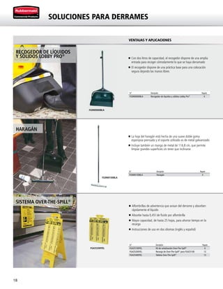 18
SOLUCIONES PARA DERRAMES
FG9M0000BLA
FG9M0100BLA
FG425200YEL
RECOGEDOR DE LÍQUIDOS
Y SÓLIDOS LOBBY PRO®
HARAGÁN
SISTEMA OVER-THE-SPILL®
VENTAJAS Y APLICACIONES
n	Con dos litros de capacidad, el recogedor dispone de una amplia
entrada para recoger cómodamente lo que se haya derramado
n	El recogedor dispone de una práctica base para una colocación
segura dejando las manos libres
n	La hoja del haragán está hecha de una suave doble goma
esponjosa prensada y el soporte utilizado es de metal galvanizado
n	Incluye también un mango de metal de 116,8 cm, que permite
limpiar grandes superficies sin tener que inclinarse
n	Alfombrillas de advertencia que avisan del derrame y absorben
rápidamente el líquido
n	Absorbe hasta 0,45 l de fluido por alfombrilla
n	Mayor capacidad, de hasta 25 hojas, para ahorrar tiempo en la
recarga
n	Instrucciones de uso en dos idiomas (inglés y español)
N.º Descripción Paquete
FG9M0100BLA Haragán 4
N.º Descripción Paquete
FG9M0000BLA Recogedor de líquidos y sólidos Lobby Pro®
4
N.º Descripción Paquete
FG425100YEL Kit de señalización Over-The-Spill®
6
FG425200YEL Recarga de Over-The-Spill®
para FG425100 12
FG425400YEL Tableta Over-The-Spill®
12
 