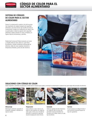 4
CÓDIGO DE COLOR PARA EL
SECTOR ALIMENTARIO
SISTEMA DE CÓDIGOS
DE COLOR PARA EL SECTOR
ALIMENTARIO
Prevenir la contaminación cruzada es uno de los puntos
más importantes de cualquier programa de seguridad
alimentaria. Una de las formas más sencillas de evitar la
contaminación cruzada es la codificación por colores. Esto
se puede aplicar a todos los aspectos de la seguridad
alimentaria, desde la división en zonas, la limpieza y la
higiene hasta las herramientas y utensilios.
Rubbermaid Commercial Products presenta una nueva
y completa oferta de siete colores en cuatro líneas
de productos, incluidos recipientes de almacenaje de
alimentos, tablas de cortar, espátulas resistentes a
temperaturas elevadas y pinzas de alta resistencia.
SOLUCIONES CON CÓDIGO DE COLOR
Desde recipientes a utensilios de preparación, tendrá todo lo necesario para ayudar a minimizar la contaminación cruzada en las cuatro etapas del procesado de alimentos.
Almacenaje
Mantenga los alimentos separados en
recipientes cuadrados o redondos con
tapas de colores.
Preparación
Cortar verduras o carne cruda en una
tabla de cortar específica con código de
color ayuda a evitar que se mezclen los
alimentos y a garantizar la seguridad
durante la preparación de los mismos.
Cocinado
Utilice las espátulas de alta temperatura
con código de color al cocinar que
permitirán al personal identificar los
utensilios que se deben utilizar con cada
tipo de alimento.
Servicio
El uso de pinzas con código de color al
servir permitirá al personal separar los
tipos de ingredientes.
 
