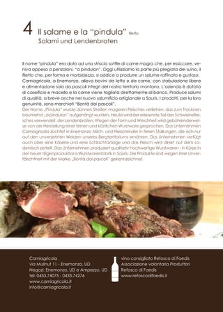 4 Il salame e la “pindula” filetto
Salami und Lendenbraten
Il nome “pindula” era dato ad una striscia sottile di carne magra che, per essiccare, ve-
niva appesa a penzoloni, “a pindulon”. Oggi utilizziamo la parte più pregiata del suino, il
filetto che, per forma e morbidezza, si addice a produrre un salume raffinato e gustoso.
Carniagricola, a Enemonzo, alleva bovini da latte e da carne, con stabulazione libera
e alimentazione solo da pascoli integri del nostro territorio montano. L’azienda è dotata
di caseificio e macello e la carne viene tagliata direttamente al banco. Produce salumi
di qualità, a breve anche nel nuovo salumificio artigianale a Sauris. I prodotti, per la loro
genuinità, sono marchiati “Bontà dai pascoli”.
Der Name „Pindula” wurde dünnen Streifen mageren Fleisches verliehen, das zum Trocknen
baumelnd „a pindulon” aufgehängt wurden. Heute wird der erlesenste Teil des Schweineflei-
sches verwendet, der Lendenbraten. Wegen der Form und Weichheit wird gebührenderwei-
se von der Herstellung einer feinen und köstlichen Wurstware gesprochen. Das Unternehmen
Carniagricola züchtet in Enemonzo Milch- und Fleischrinder in freien Stallungen, die sich nur
auf den unversehrten Weiden unseres Bergterritoriums ernähren. Das Unternehmen verfügt
auch über eine Käserei und eine Schlachtanlage und das Fleisch wird direkt auf dem La-
dentisch zerteilt. Das Unternehmen produziert qualitativ hochwertige Wurstwaren - in Kürze in
der neuen Eigenproduktions-Wurstwarenfabrik in Sauris. Die Produkte sind wegen ihrer Unver-
fälschtheit mit der Marke „Bontà dai pascoli” gekennzeichnet.
vino consigliato Refosco di Faedis
Associazione volontaria Produttori
Refosco di Faedis
www.refoscodifaedis.it
Carniagricola
via Mulinut 11 - Enemonzo, UD
Negozi: Enemonzo, UD e Ampezzo, UD
tel: 0433.74075 - 0433.74276
www.carniagricola.it
info@carniagricola.it
 