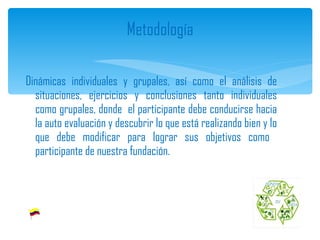 Dinámicas individuales y grupales, así como el análisis de situaciones, ejercicios y conclusiones tanto individuales como grupales, donde  el participante debe conducirse hacia la auto evaluación y descubrir lo que está realizando bien y lo que debe modificar para lograr sus objetivos como  participante de nuestra fundación. Metodología 