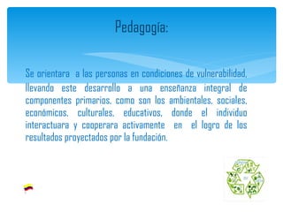 Se orientara  a las personas en condiciones de vulnerabilidad, llevando este desarrollo a una enseñanza integral de componentes primarios, como son los ambientales, sociales, económicos, culturales, educativos, donde el individuo interactuara y cooperara activamente  en  el logro de los resultados proyectados por la fundación. Pedagogía: 