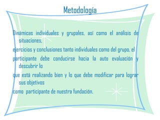 Metodología Dinámicas individuales y grupales, así como el análisis de situaciones, ejercicios y conclusiones tanto individuales como del grupo, el participante debe conducirse hacia la auto evaluación y descubrir lo que está realizando bien y lo que debe modificar para lograr sus objetivos como  participante de nuestra fundación. 