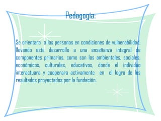 Pedagogía: Se orientara  a las personas en condiciones de vulnerabilidad, llevando este desarrollo a una enseñanza integral de componentes primarios, como son los ambientales, sociales, económicos, culturales, educativos, donde el individuo interactuara y cooperara activamente  en  el logro de los resultados proyectados por la fundación. 