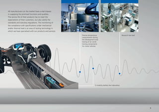 Precise temperature
measurement during
the development and
testing of air condi-
tioning components
for motor vehicles
Research test bed
E-mobility battery test laboratory
All manufacturers on the market have a vital interest
in supplying the promised functions and qualities.
The service life of their products has to meet the
expectations of their customers, but also satisfy the
standards and statutory regulations. The monitoring of
the compliance with speciﬁcations under mechanical
and/or thermal load is an area of testing technology in
which we have specialised with our products and services.
9
 