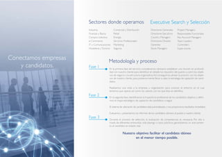Sectores donde operamos                                      Executive Search y Selección
                      Industria              Comercial y Distribución               Directores Generales       Project Managers
                      Finanzas y Banca       Retail                                 Directores Ejecutivos      Responsables Funcionales
                      Compra colectiva       Energía                                Country Managers           Key Account Managers
                      e-Commerce             Servicios Profesionales                Directores División        Team Leaders
                      IT y Comunicaciones    Marketing                              Gerentes                   Controllers
                      Hostelería y Turismo   Seguros                                Store Managers             Supervisores


Conectamos empresas                     Metodología y proceso
    y candidatos.     Fase 1             En la primera fase del servicio, consideramos necesario establecer una reunión en profundi-
                                         dad con nuestro cliente para identificar en detalle los requisitos del puesto a cubrir, los objeti-
                                         vos de negocio y la estructura organizativa. Así conseguimos alinear la posición con los objeti-
                                         vos de nuestro cliente, para posteriormente llevar a cabo la estrategia de captación de candi-
                                         datos.

                                         Realizamos una visita a la empresa u organización para conocer el entorno en el cual
                                         tenemos que operar, así como los valores con los que ésta se identifica.
                      Fase 2             En la segunda fase, identificamos la trayectoria profesional de los candidatos objetivo y defini-
                                         mos el mapa estratégico de captación de candidatos a seguir.

                                         El sistema de valoración de candidatos está automatizado y nos proporciona resultados inmediatos.

                                         Evaluamos y presentamos los informes de los candidatos idóneos al puesto a nuestro cliente.
                      Fase 3             Durante el proceso de selección, la evaluación de competencias es necesaria. Por ello a
                                         través de diferentes entrevistas, role playings o casos prácticos, garantizamos un acercamien-
                                         to al candidato en estado real.

                                                      Nuestro objetivo: facilitar el candidato idóneo
                                                              en el menor tiempo posible.
 