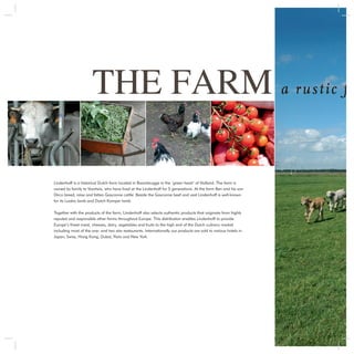 THE FARM a r u s t i c f

Lindenhoff is a historical Dutch farm located in Baambrugge in the ‘green heart’ of Holland. The farm is
owned by family te Voortwis, who have lived at the Lindenhoff for 5 generations. At the farm Ben and his son
Dirco breed, raise and fatten Gasconne cattle. Beside the Gasconne beef and veal Lindenhoff is well-known
for its Lozère lamb and Dutch Kamper lamb.

Together with the products of the farm, Lindenhoff also selects authentic products that originate from highly
reputed and responsible other farms throughout Europe. This distribution enables Lindenhoff to provide
Europe’s ﬁnest meat, cheeses, dairy, vegetables and fruits to the high end of the Dutch culinary market
including most of the one- and two star restaurants. Internationally our products are sold to various hotels in
Japan, Swiss, Hong Kong, Dubai, Paris and New York.
 