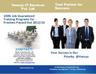 CONTACT:
Vensys IT Services Pvt. Ltd,
#45/1, 45/2, S.P. Mansion,
3rd Floor, Next to Coupon Mall,
Varthur Main Road, Marathahalli,
Bangalore -560037,
Phone: +91-9916229967
Mail: Info@vensysit.com
Website: www.vensysit.com
Vensys IT Services
Pvt. Ltd
© 2013 Vensys IT Services Pvt. Ltd,
Consulting | Development | Training | Outsourcing
Your Success is Our
Priority @Vensys
100% Job Guaranteed
Training Programs for
Freshers Passed Out 2012/13
Your Partner for
Success
www.vensysit.com
 