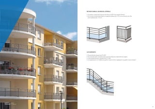 Architecte : A. Capelle
Photographe : G. Tordjeman
RETOUR D’ANGLE, ACCROCHE LATÉRALE
•	Un poteau unique pour assurer les retours à 90º et les parties droites.
•	Accroches murales absorbant un angle de tableau de ± 10º et une variation de côte
entre tableaux de ± 15 mm
LES RAMPANTS
•	Possibilité de rampant de 0º à 38º.
•	Accroche de main courante et de lisse articulée pour reprendre les angles.
•	Lisse prépercée pour rampant de 27º à 38º.
•	Les applications et modèles du garde-corps en droit s’appliquent au garde-corps rampant.
/ 9
 