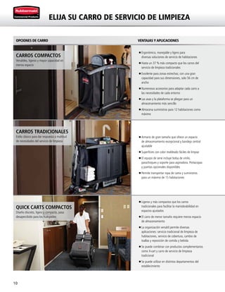 10
ELIJA SU CARRO DE SERVICIO DE LIMPIEZA
n Ergonómico, manejable y ligero para
diversas soluciones de servicio de habitaciones
n Hasta un 37 % más compacto que los carros del
servicio de limpieza tradicionales
n Excelente para zonas estrechas; con una gran
capacidad para sus dimensiones, solo 56 cm de
ancho
n Numerosos accesorios para adaptar cada carro a
las necesidades de cada entorno
n Las asas y la plataforma se pliegan para un
almacenamiento más sencillo
n Almacena suministros para 12 habitaciones como
máximo
n Ligeros y más compactos que los carros
tradicionales para facilitar la maniobrabilidad en
espacios ajustados
n El carro de menor tamaño requiere menos espacio
de almacenamiento
n La organización versátil permite diversas
aplicaciones: servicio tradicional de limpieza de
habitaciones, servicio de cobertura, cambio de
toallas y reposición de comida y bebida
n Se puede combinar con productos complementarios
como X-cart y carro de servicio de limpieza
tradicional
n Se puede utilizar en distintos departamentos del
establecimiento
n Armario de gran tamaño que ofrece un espacio
de almacenamiento excepcional y bandeja central
ajustable
n Superficies con color moldeado fáciles de limpiar
n El equipo de serie incluye bolsa de vinilo,
parachoques y soporte para aspiradora. Portacopas
y puertas opcionales disponibles
n Permite transportar ropa de cama y suministros
para un máximo de 15 habitaciones
VENTAJAS Y APLICACIONES
CARROS COMPACTOS
Versátiles, ligeros y mayor capacidad en
menos espacio
CARROS TRADICIONALES
Estilo clásico para dar respuesta a multitud
de necesidades del servicio de limpieza
QUICK CARTS COMPACTOS
Diseño discreto, ligero y compacto, pasa
desapercibido para los huéspedes
OPCIONES DE CARRO
 