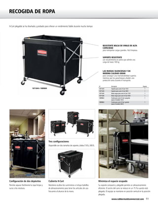 11www.rubbermaidcommercial.com
1871644+1889864
N.º Descripción Paquete
1871643 Soporte para carro X-Cart 150 l 1
1871644 Soporte para carro X-Cart 300 l 1
1871645 Bolsa negra para carro X-Cart 150 l 1
1871646 Bolsa negra para carro X-Cart 300 l 1
1889863 Funda para carro X-Cart: pequeña
(para el modelo 150 l)
1
1889864 Funda para carro X-Cart: grande
(para el modelo 300 l)
1
RECOGIDA DE ROPA
RESISTENTE BOLSA DE VINILO DE ALTA
CAPACIDAD
para transportar cargas grandes. Fácil limpieza.
SOPORTE RESISTENTE
con recubrimiento en polvo que admite una
carga de hasta 100 kg
LAS RUEDAS SILENCIOSAS Y DE
MÁXIMA CALIDAD GIRAN
para conseguir una maniobrabilidad superior,
mientras que los parachoques añaden una
protección extra durante el transporte.
Configuración de dos depósitos
Permite separar fácilmente la ropa limpia y
sucia o los residuos.
Tres configuraciones
Disponible con dos tamaños de soporte y bolsa (150 y 300 l).
Cubierta X-Cart
Mantiene ocultos los suministros e incluye bolsillos
de almacenamiento para tener los artículos de uso
frecuente al alcance de la mano.
Minimiza el espacio ocupado
Su soporte compacto y plegable permite un almacenamiento
eficiente. El ancho del carro se reduce en un 75 % cuando está
plegado. El equipo se mantiene en posición vertical en la posición
plegada.
X-Cart plegable se ha diseñado y probado para ofrecer un rendimiento fiable durante mucho tiempo
 