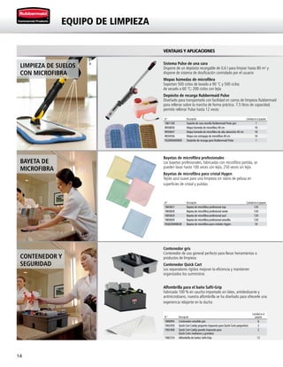14
N.º Descripción Cantidad en el paquete
1861160 Soporte de cara sencilla Rubbermaid Pulse gris 1
R050650 Mopa húmeda de microfibra 40 cm 10
R050647 Mopa húmeda de microfibra de alta absorción 40 cm 10
R034556 Mopa con estropajo de microfibra 40 cm 10
FGQ966000000 Depósito de recarga para Rubbermaid Pulse 1
EQUIPO DE LIMPIEZA
Sistema Pulse de una cara
Dispone de un depósito recargable de 0,6 l para limpiar hasta 80 m² y
dispone de sistema de dosificación controlado por el usuario
Mopas húmedas de microfibra
Soportan 500 ciclos de lavado a 90 °C y 500 ciclos
de secado a 60 °C; 200 ciclos con lejía
Depósito de recarga Rubbermaid Pulse
Diseñado para transportarlo con facilidad en carros de limpieza Rubbermaid
para rellenar sobre la marcha de forma práctica. 7,5 litros de capacidad,
permite rellenar Pulse hasta 12 veces
Contenedor gris
Contenedor de uso general perfecto para llevar herramientas o
productos de limpieza
Contenedor Quick Cart
Los separadores rígidos mejoran la eficiencia y mantienen
organizados los suministros
Alfombrilla para el baño Safti-Grip
Fabricada 100 % en caucho importado sin látex, antideslizante y
antimicrobiano, nuestra alfombrilla se ha diseñado para ofrecerle una
experiencia relajante en la ducha
Bayetas de microfibra profesionales
Las bayetas profesionales, fabricadas con microfibra partida, se
pueden lavar hasta 100 veces con lejía, 250 veces sin lejía
Bayetas de microfibra para cristal Hygen
Tejido azul suave para una limpieza sin rastro de pelusa en
superficies de cristal y pulidas
LIMPIEZA DE SUELOS
CON MICROFIBRA
BAYETA DE
MICROFIBRA
CONTENEDOR Y
SEGURIDAD
VENTAJAS Y APLICACIONES
N.º Descripción Cantidad en el paquete
1865827 Bayeta de microfibra profesional roja 120
1865828 Bayeta de microfibra profesional verde 120
1865829 Bayeta de microfibra profesional azul 120
1865830 Bayeta de microfibra profesional amarilla 120
FGQ63000BL00 Bayeta de microfibra para cristales Hygen 10
N.º Descripción
Cantidad en el
paquete
1880995 Contenedor extraíble gris 6
1902459 Quick Cart Caddy pequeño (repuesto para Quick Carts pequeños) 2
1902468 Quick Cart Caddy grande (repuesto para
Quick Carts medianos y grandes)
2
1982724 Alfombrilla de baños Safti-Grip 12
 