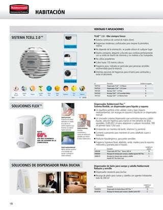 18
Montaje en techo
Montaje en muebles
(encima o debajo)
Montaje en pared
Salud personal
Productos de calidad
dedicados al cuidado
de la piel en un
sistema higiénico que
fomenta una óptima
higiene personal
Salud económica
Fórmulas
concentradas y
control de dosificación
ajustable que ofrecen
la mejor calidad-precio
Salud medioambiental
Menos residuos químicos
y de embalaje que
ayudan a proteger el
medio ambiente
60%USO MÁS ECONÓMICO
QUE LOS SISTEMAS DE LA
COMPETENCIA
HASTA
Spring
Blossoms
Lavender
Mint
Elegance
Cucumber
Melon
Marine
Fresh
Mango
Blast
Decadence
Citrus
Zest
Opulence
MILD INTENSE
TCell™ 2.0 - Olor siempre fresco
n Sistema continuo de control de malos olores
n Fragancias modernas y sofisticadas para mejorar la atmósfera
interna
n No depende de la orientación, se puede colocar el cualquier lugar
n Diseño compacto, elegante y discreto que combina perfectamente
con su estilo de diseño de interiores y no molesta a los huéspedes
n No utiliza propelentes
n Cubre hasta 170 metros cúbicos
n Fragancia pura, indicada en particular para personas sensibles
recomendada para la estancia
n Distintas opciones de fragancias para el baño para cambiarlas y
evitar el desinterés
SISTEMA TCELL 2.0™
VENTAJAS Y APLICACIONES
N.º Descripción Cantidad en el paquete
1957532 Dispensador TCell™ 2.0 Blanco 6
1957533 Dispensador TCell™ 2.0 Cromo 6
1967263 Recarga TCell™ 2.0 Pure 6
1957524 Recarga TCell™ 2.0 Cucumber Melon 6
1957525 Recarga TCell™ 2.0 Marine Fresh 6
Dispensador de baño para cuerpo y cabello Rubbermaid
Robusto y sencillo
n Dispensador resistente para duchas
n Recarga de jabón para cuerpo y cabellos con agentes hidratantes
bote de 300 ml
SOLUCIONES FLEX™
SOLUCIONES DE DISPENSADOR PARA DUCHA
N.º Descripción
Cantidad en el
paquete
3486589 Dispensador RCP Flex™ blanco 500 ml 10
3486609 Recarga de champú para cuerpo y cabello espuma RCP Flex 5
3486610 Recarga de champú para cuerpo y cabello
líquido RCP Flex Green Seal
5
N.º Descripción
Cantidad en el
paquete
FG450022 Dispensador de ducha blanco RCP Flex ™ 10
RVU6164 Recarga de champú para cuerpo y cabello Loción RCP 5
HABITACIÓN
Dispensador Rubbermaid Flex™
Sistema flexible, un dispensador para líquido y espuma
n Un equilibrio perfecto entre calidad, coste y bajo impacto
medioambiental, con recargas en espuma o líquido en un dispensador
manual.
n Un innovador sistema dispensador que suministra espuma y jabón
líquido, solución higiénica para manos en tres tamaños de dosis
ajustables: 0,4/0,65/1 ml para adaptarse a cualquier necesidad, 500
ml permite hasta 1250 usos
n Enriquecido con manteca de karité, vitamina E y pantenol
n Contiene suavizantes para mantener el cuero cabelludo suave e
hidratado
n Producto hipoalergénico, para pieles sensibles
n Fragancia Signature floral, aldehído, verde, madera para la espuma;
melocotón y granada para el líquido.
 