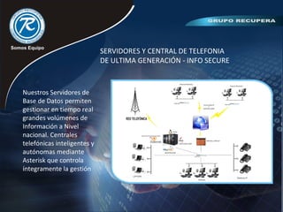 SERVIDORES Y CENTRAL DE TELEFONIA
DE ULTIMA GENERACIÓN - INFO SECURE
Nuestros Servidores de
Base de Datos permiten
gestionar en tiempo real
grandes volúmenes de
Información a Nivel
nacional. Centrales
telefónicas inteligentes y
autónomas mediante
Asterisk que controla
íntegramente la gestión
 