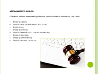 ASESORAMIENTO JURIDICO
Ofrecemos personal altamente capacitado en las distintas ramas del derecho, tales como:
DERECHO LABORAL
DERECHO MARCARIOY PROPIEDAD INTELECTUAL
DERECHO CIVIL
DERECHO COMERCIAL
DERECHO FARMACÉUTICOY ASUNTOS REGULATORIOS
DERECHO TRIBUTARIO
DERECHO ADMINISTRATIVO
DERECHO NOTARIALY REGISTRAL
 