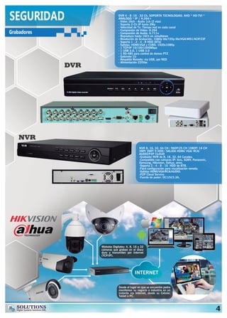 Hs SOLUTIONS
Higher Systems Solutions EIRL 4
SEGURIDAD
Grabadores
DVR
NVR
Desde el lugar en que se encuentre podra
monitorear su negocio o industria en un
instante via Internet, desde su Celular,
Tablet o PC.
Módulos Digitales: 4, 8, 16 y 32
cámaras que graban en el disco
duro y transmiten por Internet
(TCP/IP).
INTERNET
NVR 8, 16, 32, 64 CH / 960P/25 CH 1080P/ 16 CH
3MP/ 5MP/ 9 HDD / SALIDA HDMI/ VGA/ RCA/
AUDIO/P2P CLOUD
-Grabador NVR de 8, 16, 32, 64 Canales.
-Compatible con cámaras IP: Axis, SONY, Panasonic,
Samsung, Hikvision, Dahua, otros.
-Soporta 2 - 4 - 8 - 16 HDD de 8TB.
-Fácil configuración para visualización remota.
-Salidas HDMI/VGA/RCA/AUDIO.
-P2P Cloud Service.
-Fuente de poder: DC12V/3.3A.
DVR 4 - 8 -16 - 32 Ch, SOPORTA TECNOLOGIAS: AHD * HD-TVI *
ANALOGO * IP | H.264+
- Video 16ch - Audio 1ch (2 vías)
- Soporta 2-Ch IP hasta 2Mp
- Velocidad de Tx: Tiempo real en cada canal
- Compresión de Video: H.264
- Compresión de Audio: G.711u
- Reproduce hasta 16Ch en simultáneo
- Resolución de Grabación: 1080p lite/720p lite/VGA/WD1/4CIF/CIF
- Soporta 1 - 2 - 4 - 8 HDD (8Tb)
- Salidas: HDMI/VGA y CVBS: 1920x1080p
- 1 TCP/IP 10/100/1000Mbps
- 1 USB 2.0, 1 USB 3.0
- 1 RS-485 para control de domos PTZ
- Gabinete 1U
- Respaldo Remoto: via USB, por RED
- Alimentación 220Vac
 