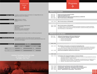 INFORMACIÓN                                                                                                             Programa
                                                 General




                                                                                                                    MARTES 9 de Octubre

                            El Congreso se realizará los días 8 y 9 de Octubre en El Colegio Médico de Lima           9:00 - 9:10     Palabras de bienvenida presidente de APCO
       FECHA Y LUGAR                                                                                                  9:10 - 9:20     Palabras del presidente de la ICF
                            Malecón de la Reserva 791, Miraﬂores
                                                                                                                      9:20 - 9:45     Palabras de apertura del congreso del Presidente/Ministro de MINCETUR
                                                                                                                      9:45 - 11:00    Taller: The Inner Game con TIM GALLWEY

            HORARIO         Registro de 8:30 am. a 9:00 am.
                            Congreso de 9:00 am. a 7: 30 pm.
                                                                                                                     11:00 - 11:20                                  Coffee Break
                                                                                                                      11:20 - 13:45   Taller: The Inner Game con TIM GALLWEY                        Almuerzo
             INCLUYE                                                                                                  13:45 - 15:15                                    Almuerzo
                        .   Interpretación simultánea (inglés/español).                                               15:15 - 17:45   Taller: The Inner Game con TIM GALLWEY
                        .   Material de seguimiento.                                                                  18:00 - 19:30   Tim Gallwey tendrá un conversatorio con distintos personajes reconocidos en el ámbito del deporte
                        .   Coﬀee Breaks.                                                                                             que hablarán, desde el punto de vista del Coach (entrenador) o Coachee (entrenado), sobre la aplica-
                        .   Estacionamiento (sujeto a disponibilidad).                                                                ción del Coaching en su vida profesional.
                        .   Servicio de recepción de mensajes/fax.


         CERTIFICADO        Todo personal asistente al Congreso recibirá un certiﬁcado de participación.
                                                                                                                    MIÉRCOLES 10 de Octubre
                                                                                                                      9:00 - 9:10     Palabras del Vicepresidente de APCO Carlos Poblete Brescia
                                                                                                                      9:10 - 10:30    Creando Conciencia, Identidad, y Orgullo por lo Nacional
POLÍTICA DE ANULACIÓN       Sólo se aceptarán anulaciones 7 días hábiles antes del inicio del evento.
                                                                                                                                             Charla de Coaching Ambiental
                            La sustitución de la persona inscrita por otra empresa, podrá efectuarse hasta un día
                                                                                                                                             Charla de Coaching Sistémico
                            antes del inicio del Congreso.
                                                                                                                                             Charla de Coaching Agrícola


           INVERSIÓN                                    IGV INCLUIDO
                                                                                                                      10:30 - 10:45                                 Coffee Break
                                   HASTA EL 14/09/12                 DESPUÉS DEL 14/09/12                             10:45 - 12:15   Mesa Redonda: Construyendo una concepción de Coaching Marca País
                                                                                                                                              Se tendrá un conversatorio con importantes Gerentes Generales de compañías relacionadas al
          PRECIO REGULAR                  S/. 1890                          S/. 1990                                                  sector minero, ﬁnanciero, energía y telecomunicaciones que contarán la experiencia que su empresa
                                                                                                                                      ha tenido con el Coaching y el impacto que ha tenido en los resultados.Directora de Prom Perú
     PRECIO CORPORATIVO                   S/. 1770                          S/. 1870                                  12:15 - 13:00   Brand Country Management: Experiencia de la Marca Perú



                                                                                                                      13:00 - 14:30                                    Almuerzo
                 CENTRAL TELEFÓNICA (511) 221-2445                                                                    14:30 - 17:15   Coaching Marca País: Rompiendo Paradigmas y Creencias Limitantes
                               Av. Canaval y Moreyra 674                                                                                     Herramienta YO/GABRIEL: Tomando Conciencia de los círculos de Irresponsabilidad-Fernando Gil,
                                                                                                                                             International Trainer ICC, Master Coach ICI
                                San Isidro - Lima - Perú                                                                                     Gestionando Creencias Limitantes – Paul Anwandter, International Trainer ICC, Master Coach ICI
                                                                                                                                             Desmontaje de Creencias Limitantes y el poder de las Creencias Potenciadoras – Wolfgang
                                                                                                                                             Hoﬀmann, International Trainer ICC, Master Coach ICI




                                                                                                                      17:15 - 17:30   Sintiendo las raíces profundas de nuestro interior-Wálter Sotomayor
                                                                                                                      17:30 - 19:00   Coaching Político – Mauricio Oltra, International Trainer ICC, Master Coach ICI
                                                                                                                      19:00 - 19:15   Lanzamiento Coaching Marca País – Frank O’Neill, Secretario de APCO
                                                                                                                      19:15 - 19:30   Clausura – Agradecimiento a Patrocinadores – Danzas del Perú
 