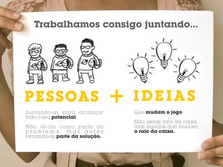 Trabalhamos consigo juntando...




I PESSOAS
  DEAS                          +   IDEIAS
Juntando-as para alcançar           Que mudam o jogo.
todo o seu potencial.
                                    Não ideias fora da caixa,
Não vê-las como parte do            mas aquelas que mudam
problema, mas antes                 o raio da caixa.
tornando-as parte da solução.
 
