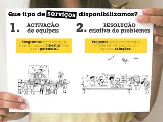 ser viço
Que tipo de serviçoss disponibilizamos?

1.     ACTIVAÇÃO
       de equipas                 2.         RESOLUÇÃO
                                       criativa de problemas

    Programas para levar as             Projectos para encontrar e
   suas equipas a libertar todo          implementar, com a sua
         o seu potencial.                   equipa, soluções.
 