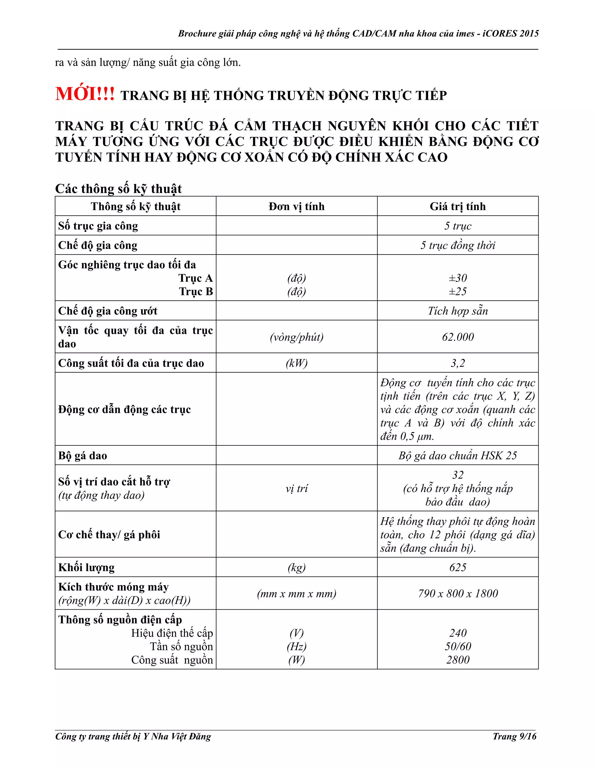 Brochure giải pháp công nghệ và hệ thống CAD/CAM nha khoa của imes - iCORES 2015
___________________________________________________________________________________________________
___________________________________________________________________________________________________
Công ty trang thiết bị Y Nha Việt Đăng Trang 9/16
ra và sản lượng/ năng suất gia công lớn.
MỚI!!! TRANG BỊ HỆ THỐNG TRUYỀN ĐỘNG TRỰC TIẾP
TRANG BỊ CẤU TRÚC ĐÁ CẨM THẠCH NGUYÊN KHỐI CHO CÁC TIẾT
MÁY TƯƠNG ỨNG VỚI CÁC TRỤC ĐƯỢC ĐIỀU KHIỂN BẰNG ĐỘNG CƠ
TUYẾN TÍNH HAY ĐỘNG CƠ XOẮN CÓ ĐỘ CHÍNH XÁC CAO
Các thông số kỹ thuật
Thông số kỹ thuật Đơn vị tính Giá trị tính
Số trục gia công 5 trục
Chế độ gia công 5 trục đồng thời
Góc nghiêng trục dao tối đa
Trục A
Trục B
(độ)
(độ)
±30
±25
Chế độ gia công ướt Tích hợp sẵn
Vận tốc quay tối đa của trục
dao
(vòng/phút) 62.000
Công suất tối đa của trục dao (kW) 3,2
Động cơ dẫn động các trục
Động cơ tuyến tính cho các trục
tịnh tiến (trên các trục X, Y, Z)
và các động cơ xoắn (quanh các
trục A và B) với độ chính xác
đến 0,5 μm.
Bộ gá dao Bộ gá dao chuẩn HSK 25
Số vị trí dao cắt hỗ trợ
(tự động thay dao)
vị trí
32
(có hỗ trợ hệ thống nắp
bảo đầu dao)
Cơ chế thay/ gá phôi
Hệ thống thay phôi tự động hoàn
toàn, cho 12 phôi (dạng gá dĩa)
sẵn (đang chuẩn bị).
Khối lượng (kg) 625
Kích thước móng máy
(rộng(W) x dài(D) x cao(H))
(mm x mm x mm) 790 x 800 x 1800
Thông số nguồn điện cấp
Hiệu điện thế cấp
Tần số nguồn
Công suất nguồn
(V)
(Hz)
(W)
240
50/60
2800
 