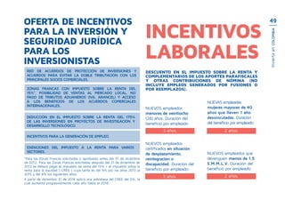 INCENTIVOS
LABORALES
DESCUENTO EN EL IMPUESTO SOBRE LA RENTA Y
COMPLEMENTARIOS DE LOS APORTES PARAFISCALES
Y OTRAS CONTRIBUCIONES DE NÓMINA (NO
INCLUYE EMPLEOS GENERADOS POR FUSIONES O
POR REEMPLAZOS).
NUEVAS empleadas
mujeres mayores de 40
años que lleven 1 año
desvinculadas. Duración
del beneficio por empleado:
NUEVOS empleados que
devenguen menos de 1,5
S.M.M.L.V. Duración del
beneficio por empleado:
NUEVOS empleados
menores de veintiocho
(28) años. Duración del
beneficio por empleado:
NUEVOS empleados
certificados en situación
de desplazamiento,
reintegración o
discapacidad. Duración del
beneficio por empleado:
3 años.
2 años. 2 años.
2 años.
EXENCIONES DEL IMPUESTO A LA RENTA PARA VARIOS
SECTORES.
DEDUCCIÓN EN EL IMPUESTO SOBRE LA RENTA DEL 175%
DE LAS INVERSIONES EN PROYECTOS DE INVESTIGACIÓN Y
DESARROLLO TECNOLÓGICO.
ZONAS FRANCAS CON IMPUESTO SOBRE LA RENTA DEL
15%*, POSIBILIDAD DE VENTAS AL MERCADO LOCAL, NO
PAGO DE TRIBUTOS ADUANEROS (IVA, ARANCEL) Y ACCESO
A LOS BENEFICIOS DE LOS ACUERDOS COMERCIALES
INTERNACIONALES.
RED DE ACUERDOS DE PROTECCIÓN DE INVERSIONES Y
ACUERDOS PARA EVITAR LA DOBLE TRIBUTACIÓN CON LOS
PRINCIPALES SOCIOS COMERCIALES.
INCENTIVOS PARA LA GENERACIÓN DE EMPLEO.
OFERTA DE INCENTIVOS
PARA LA INVERSIÓN Y
SEGURIDAD JURÍDICA
PARA LOS
INVERSIONISTAS
*Para las Zonas Francas solicitadas o aprobadas antes del 31 de diciembre
de 2012. Para las Zonas Francas solicitadas después del 31 de diciembre de
2012 se deberá pagar el impuesto de renta del 15% + el impuesto sobre la
renta para la equidad (-CREE-) cuya tarifa es del 9% por los años 2013 al
2015 y del 8% los siguientes años.
A partir de diciembre 31 de 2014 aplica una sobretasa del CREE del 5%, la
cual aumenta progresivamente cada año hasta el 2018.
49
InviertaenCOLOMBIA
 