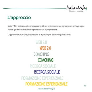 L’approccio
Italian Way attinge a diversi approcci e stili per arricchire le sue competenze e il suo know
how e garantire ...