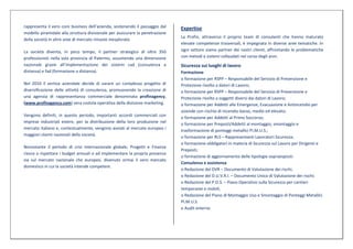 rappresenta il vero core business dell’azienda, sostenendo il passaggio dal    Expertise
modello piramidale alla struttura divisionale per assicurare la penetrazione
                                                                               La Profin, attraverso il proprio team di consulenti che hanno maturato
della società in altre aree di mercato rimaste inesplorate.
                                                                               elevate competenze trasversali, è impegnata in diverse aree tematiche. In
La società diventa, in poco tempo, il partner strategico di oltre 350          ogni settore siamo partner dei nostri clienti, affrontando le problematiche
professionisti nella sola provincia di Palermo, assumendo una dimensione       con metodi e sistemi collaudati nel corso degli anni.
nazionale grazie all’implementazione dei sistemi cad (consulenza a             Sicurezza sui luoghi di lavoro
distanza) e fad (formazione a distanza).                                       Formazione
                                                                               o formazione per RSPP – Responsabile del Servizio di Prevenzione e
Nel 2010 il vertice aziendale decide di varare un complesso progetto di        Protezione rivolto a datori di Lavoro;
diversificazione delle attività di consulenza, promuovendo la creazione di     o formazione per RSPP – Responsabile del Servizio di Prevenzione e
una agenzia di rappresentanza commerciale denominata profinagency,             Protezione rivolto a soggetti diversi dai datori di Lavoro;
(www.profinagency.com) vera costola operativa della divisione marketing.       o formazione per Addetti alle Emergenze, Evacuazione e Antincendio per
                                                                               aziende con rischio di incendio basso, medio ed elevato;
Vengono definiti, in questo periodo, importanti accordi commerciali con
                                                                               o formazione per Addetti al Primo Soccorso;
imprese industriali estere, per la distribuzione della loro produzione nel     o formazione per Preposti/Addetti al montaggio, smontaggio e
mercato italiano e, contestualmente, vengono avviati al mercato europeo i
                                                                               trasformazione di ponteggi metallici Pi.M.U.S.;
maggiori clienti nazionali della società.
                                                                               o formazione per RLS – Rappresentanti Lavoratori Sicurezza;
                                                                               o formazione obbligatori in materia di Sicurezza sul Lavoro per Dirigenti e
Nonostante il periodo di crisi internazionale globale, Progetti e Finanza
                                                                               Preposti;
riesce a rispettare i budget annuali e ad implementare la propria presenza
                                                                               o formazione di aggiornamento delle tipologie sopraesposti.
sia sul mercato nazionale che europeo, divenuto ormai il vero mercato
                                                                               Consulenza e assistenza
domestico in cui la società intende competere.
                                                                               o Redazione del DVR – Documento di Valutazione dei rischi;
                                                                               o Redazione del D.U.V.R.I. – Documento Unico di Valutazione dei rischi;
                                                                               o Redazione del P.O.S. – Piano Operativo sulla Sicurezza per cantieri
                                                                               temporanei e mobili;
                                                                               o Redazione del Piano di Montaggio Uso e Smontaggio di Ponteggi Metallici
                                                                               Pi.M.U.S.
                                                                               o Audit esterno
 