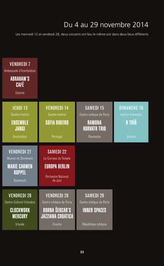 VENDREDI 7
Ambassade d’Azerbaïdjan
ABRAHAM’S
CAFÉ
Estonie
SAMEDI 15
Centre tchèque de Paris
RAMONA
HORVATH TRIO
Roumanie
VENDREDI 28
Centre tchèque de Paris
BORNA ŠERCAR’S
JAZZIANA CROATICA
Croatie
SAMEDI 29
Centre tchèque de Paris
INNER SPACES
République tchèque
JEUDI 13
Goethe-Institut
ENSEMBLE
JANGI
Azerbaïdjan
VENDREDI 14
Goethe-Institut
SOFIA RIBEIRO
Portugal
SAMEDI 22
Le Carreau duTemple
EUROPA BERLIN
Orchestre National
de Jazz
VENDREDI 21
Maison du Danemark
MARIE CARMEN
KOPPEL
Danemark
VENDREDI 28
Centre Culturel Irlandais
CLOCKWORK
MERCURY
Irlande
DIMANCHE 16
Institut finlandais
K TRÍÓ
Islande
Les mercredi 12 et vendredi 28, deux concerts ont lieu le même soir dans deux lieux différents
Du 4 au 29 novembre 2014
33
 
