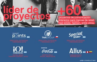 líder de
proyectos +60proyectos de comunicación
liderados para marcas de retail,
real estate, fashion, entre otros.
SOCIAL MEDIA
FASHION CONTENT ( 2013)
EVENTO RALLY
SOCIAL MEDIA (2012)
DIRECCIÓN, ESTRATEGIA
Y BRANDING (2018)
DIRECCIÓN, ESTRATEGIA
Y BRANDING (2017)
DIRECCIÓN, ESTRATEGIA
Y BRANDING (2016)
ARB-consulting
EVENTOS
TNAGROUP
COMUNICACIÓN
INTERNA (2011)
 