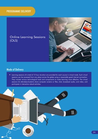 Online Learning Sessions
(OLS)
Mode of Delivery
Learning sessions of a total of 12 hour duration are provided for each course in virtual mode. Such virtual
sessions can be accessed from any place across the globe using a reasonably good internet connection.
They include various technological tools and components to make learning more effective. The virtual
sessions let attendees/students share computer screens or files, chat, broadcast audio, and video, and
participate in interactive vietual activities.
PROGRAMME DELIVERY
24
 