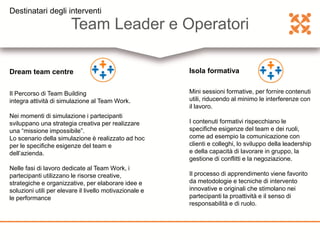 Team Leader e Operatori
Dream team centre
Il Percorso di Team Building
integra attività di simulazione al Team Work.
Nei momenti di simulazione i partecipanti
sviluppano una strategia creativa per realizzare
una “missione impossibile”.
Lo scenario della simulazione è realizzato ad hoc
per le specifiche esigenze del team e
dell’azienda.
Nelle fasi di lavoro dedicate al Team Work, i
partecipanti utilizzano le risorse creative,
strategiche e organizzative, per elaborare idee e
soluzioni utili per elevare il livello motivazionale e
le performance
Isola formativa
Mini sessioni formative, per fornire contenuti
utili, riducendo al minimo le interferenze con
il lavoro.
I contenuti formativi rispecchiano le
specifiche esigenze del team e dei ruoli,
come ad esempio la comunicazione con
clienti e colleghi, lo sviluppo della leadership
e della capacità di lavorare in gruppo, la
gestione di conflitti e la negoziazione.
Il processo di apprendimento viene favorito
da metodologie e tecniche di intervento
innovative e originali che stimolano nei
partecipanti la proattività e il senso di
responsabilità e di ruolo.
Destinatari degli interventi
 