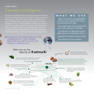 heart & spirit

Cosmetic Intelligence
Quality and effectiveness have always been at the heart                                                          w h at                           w e                  u s e
of the Katima’A philosophy. Pioneers in Argan protection
and research, and with a passionate commitment to                                                                → High concentrations (averaging 80%)
environmental issues, Katima’A introduced “Cosmetic                                                                  of active natural ingredients in every
Intelligence” by combining 100% pure Argan oil with the                                                              product across the range
most up-to-date cosmetic discoveries and ingredients                                                             → Extra virgin Argan oil, extracted by the
from around the world. Surrounding them in a bath                                                                    all-female cooperative of Ait Baha
of delicate fragrances and textures ensures that every
product becomes a profoundly pampering experience.                                                               → A combination of high performance
                                                                                                                     effectiveness and the pamper factor
                                                                                                                 → Ingredients suitable for all skin types
→ A WEALTH OF SELECTED ACTIVE
  INGREDIENTS THAT WORK                                                                                          → Formulations without parabens
  BEAUTIFULLY WITH OUR TOP
  QUALITY ARGAN OIL.

            Welcome to the
            		               World of Katima’A!                                                                      KAOLIN
                                                                                                                                                   A light, fine, absorbent clay from Asia,
                                                                                                                                                   kaolin possesses an antiseptic action as
                                                                                                                                                   well as the ability to boost cell regeneration.


                    A botanical substance with anti-inflammatory, anti-ageing
                    properties to help improve elasticity and suppleness.                                             Rigorously selected and sourced from our partnership
                                                                                                                      cooperative in Morocco, this precious oil forms the heart of
                                                   MERISTEM OAK ROOT EXTRACT                                          all Katima’A products, thanks to its extraordinary skin-caring
                                                                                                                      benefits. These include nourishing, repairing, balancing,
       Also known as German chamomile, this is derived
                                                                                     ARGAN                            restructuring, firming, renewing and anti-ageing actions.
       from a Brazilian shrub called Candeia and is
       renowned for its calming, softening properties.
                                                                                                                     ALOE VERA             The sap of the tropical aloe plant has been
                             ALPHA BISABOLOL                                                                                               renowned for its healing, calming, softening
                                                                                                                                           and plumping effects since the days of the
                                                                                                                                           Ancient Egyptians.


                                      RED ALGAE GEL
                Originating in Hawaii, this Pacific seaweed contains
                special long chain sugars (or polysaccharides) that have
                intense hydrating, protective benefits.                                          TAPIOCA
                                                                                A fine-textured lightweight                          SHEA BUTTER
                                                                                powder from the manioc root             Harvested from the fruit of a tree in south-west Africa,
             Made from a brown algae found in the temperate                     that effectively refines pores and      shea butter has exceptional moisturising, protective and
             waters of the Mediterranean, this humble seaweed                   softens skin.                           regenerative benefits.
             provides antioxidant, anti-ageing and lifting actions.

                                             PADINA PAVONICA


www.katimaa.com          5
 