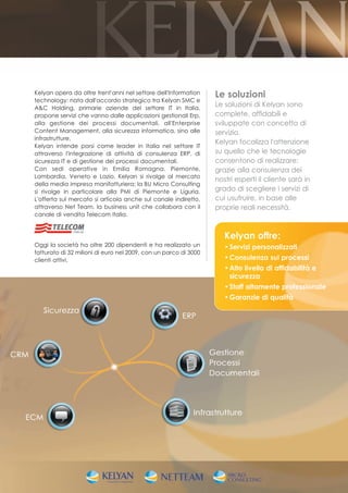 Kelyan opera da oltre trent'anni nel settore dell'Information    Le soluzioni
technology: nata dall'accordo strategico tra Kelyan SMC e
A&C Holding, primarie aziende del settore IT in Italia,
                                                                 Le soluzioni di Kelyan sono
propone servizi che vanno dalle applicazioni gestionali Erp,     complete, affidabili e
alla gestione dei processi documentali, all'Enterprise           sviluppate con concetto di
Content Management, alla sicurezza informatica, sino alle        servizio.
infrastrutture.
                                                                 Kelyan focalizza l'attenzione
Kelyan intende porsi come leader in Italia nel settore IT
attraverso l'integrazione di attività di consulenza ERP, di      su quello che le tecnologie
sicurezza IT e di gestione dei processi documentali.             consentono di realizzare:
Con sedi operative in Emilia Romagna, Piemonte,                  grazie alla consulenza dei
Lombardia, Veneto e Lazio, Kelyan si rivolge al mercato
                                                                 nostri esperti il cliente sarà in
della media impresa manifatturiera; la BU Micro Consulting
si rivolge in particolare alla PMI di Piemonte e Liguria.        grado di scegliere i servizi di
L'offerta sul mercato si articola anche sul canale indiretto,    cui usufruire, in base alle
attraverso Net Team, la business unit che collabora con il       proprie reali necessità.
canale di vendita Telecom Italia.


                                                                    Kelyan offre:
Oggi la società ha oltre 200 dipendenti e ha realizzato un          • Servizi personalizzati
fatturato di 32 milioni di euro nel 2009, con un parco di 3000
clienti attivi.                                                     • Consulenza sui processi
                                                                    • Alto livello di affidabilità e
                                                                      sicurezza
                                                                    • Staff altamente professionale
                                                                    • Garanzie di qualità
 
