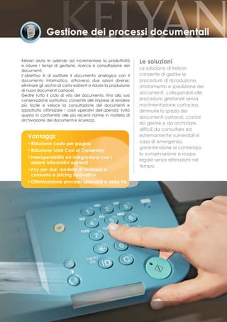 Kelyan aiuta le aziende ad incrementare la produttività            Le soluzioni
e ridurre i tempi di gestione, ricerca e consultazione dei
documenti.
                                                                   La soluzione di Kelyan
L’obiettivo è di sostituire il documento analogico con il          consente di gestire le
documento informatico, attraverso due azioni diverse:              procedure di riproduzione,
eliminare gli archivi di carta esistenti e ridurre la produzione   smistamento e spedizione dei
di nuovi documenti cartacei.
                                                                   documenti, collegandoli alle
Gestire tutto il ciclo di vita del documento, fino alla sua
conservazione sostitutiva, consente alle imprese di rendere        procedure gestionali senza
più facile e veloce la consultazione dei documenti e               movimentazione cartacea,
soprattutto ottimizzare i costi operativi dell’azienda: tutto      diminuire lo spazio dei
questo in conformità alle più recenti norme in materia di
                                                                   documenti cartacei, costosi
archiviazione dei documenti e sicurezza.
                                                                   da gestire e da archiviare,
                                                                   difficili da consultare ed
   Vantaggi:                                                       estremamente vulnerabili in
   • Riduzione costo per pagina                                    caso di emergenza,
                                                                   garantendone al contempo
   • Riduzione Total Cost of Ownership
                                                                   la conservazione a scopo
   • Interoperabilità ed integrazione con i
                                                                   legale senza alterazioni nel
     sistemi informativi esistenti
                                                                   tempo.
   • Pay per Use: modello di business a
     consumo e pricing innovativo
   • Ottimizzazione processi aziendali e della PA
 