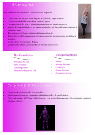 En entrepriseEn entrepriseEn entrepriseEn entreprise
Selon les besoins et les attentes de l’entreprise, nous proposons:
• Des prévisites sur site avec étude du poste de travail de chaque stagiaire
• Des entretiens individuels avec bilan kinésithérapique
• Un apprentissage des bons et mauvaises gestes et mise en situation concrète
• Analyses des vidéos et photos prises lors de la prévisite avec l’ensemble des stagiaires et le
kinésipréventeur
• Des exercices spécifiques à chacun et chaque pathologie
• Remise d’un livret d’exercices personnels pour permettre une progression au-delà de la
formation
• Création d’une fiche d’analyse de poste
• Compte rendu détaillé sous format Power Point des interventions
Nos interventions:Nos interventions:Nos interventions:Nos interventions:
> ForumsForumsForumsForums
> Massage bienMassage bienMassage bienMassage bien----êtreêtreêtreêtre
> ConférencesConférencesConférencesConférences
> Gestion du stressGestion du stressGestion du stressGestion du stress
> Consultant extérieurConsultant extérieurConsultant extérieurConsultant extérieur
Nos formations :Nos formations :Nos formations :Nos formations :
> Prévention des TMSPrévention des TMSPrévention des TMSPrévention des TMS
> Santé au bureauSanté au bureauSanté au bureauSanté au bureau
> Gestes et posturesGestes et posturesGestes et posturesGestes et postures
> Analyses des risques d'e TMSAnalyses des risques d'e TMSAnalyses des risques d'e TMSAnalyses des risques d'e TMS
Collectivités et associationsCollectivités et associationsCollectivités et associationsCollectivités et associations
• Prévention des chutes chez les personnes âgées
• Stand massage/étirements/ récupération/échauffements lors de manifestations
• Projet pédagogique « Drôle de p’tit bonhomme » pour une meilleure posture à l’école primaire (Agrément
éducation national )
 