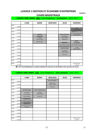 LICENCE 3 GESTION ET ÉCONOMIE D’ENTREPRISE
                                                                                                                                                     14/09/2010
                                                     COURS MAGISTRAUX
        LICENCE 3EME ANNEE GEE Cours Obligatoires                                                1er Semestre              2010 - 2011

                           LUNDI                       MARDI                 MERCREDI                      JEUDI                     VENDREDI
08.00
         à 09.00
09.00                                                                                                                                      T.Q.G
         à 10.00                                                                                                                    Va être déplacé
10.00                                                                                                                             MARKETING(10h00 à 11h30)

         à 11.00                                                                                                                 Mme Guichard / Mme Vanhems

11.00                                                  ANALYSE                                        TECHN. QUANT. GEST.             Amphi Bachelard
         à 12.00                                     ECONOMIQUE                                          Mme Salandre
12.00                                                  M. Négassi                                       (11h00 à 13h00)
         à 13.00                                     (11h00 à 14h00)                                      Amphi Oury
13.00                                                                                                                                    CALCUL
                                                     Amphi Bachelard
         à 14.00                                                                                          MARKETING                    ECONOMIQUE
14.00                                                                                               Mme Guichard / Mme Vanhems    De 13h à 14h30: TD 01-02-03

         à 15.00                                                                                    13h30 à 15h00 Amphi Oury     De 14h30 à 16h00: TD 04-05-06

15.00                                                                                                                                    M. Piget
                                                                                                       MICROECONOMIE
         à 16.00                                                                                                                      Amphi Bachelard

16.00                                                                                                     M. Pratlong
         à 17.00                                                                                        (15h00 à 18h00)

17.00
                                                                                                          Amphi Oury
         à 18.00
18.00
         à 19.00
19.00
         à 20.00
20.00                                                                                                                                 Dern. Mise à jour
         à 21.00                                                                                                                         14.09.2010

           Les TD de Statistiques en ateliers débutent la semaine du 04 Octobre (1ère semaine de cours)



        LICENCE 3EME ANNEE GEE Cours Obligatoires                                             2ème Semestre                  2010 - 2011

                           LUNDI                       MARDI                 MERCREDI                      JEUDI                     VENDREDI
08.00
                                                                             GESTION FINANCIERE 1
         à 09.00
09.00                                                                            Mme Emonet
         à 10.00                                                               (08h00 à 11h00)

10.00
                                                                                 Amphi Oury
         à 11.00
11.00
                      MACROECONOMIE               GEST. DE PRODUCTION
         à 12.00
12.00                      M. Pratlong                  M. Médan
         à 13.00        (11h00 à 14h00)              (11h00 à 14h00)

13.00
                        Amphi Bachelard                Amphi Oury
         à 14.00
14.00                   INFORMATIQUE
         à 15.00   Mme Dénécker (14h00 à 15h30)
15.00                   Amphi Bachelard
         à 16.00        INFORMATIQUE
16.00              Mme Dénécker (15h30 à 17h00)
         à 17.00          Amphi Oury
17.00
         à 18.00
18.00
         à 19.00
19.00
         à 20.00
20.00                                                                                                                                 Dern. Mise à jour
         à 21.00                                                                                                                         14.09.2010




                                                                        L3                                                                                       12
 