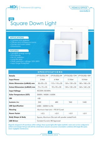 C A T A L O G U E 2 0 1 6
www.ledfy.in
HOME & OFFICEProfessional LED Lighting
• Corridors and galleries
• Ofces and conference rooms
• Homes and work tables
• Showrooms
APPLICATIONS
• Upto80% energy saving
• Eco-friendly
• No UV radiation
• Long life span
• Wide operation voltage 100V-300V
• Input Surge Protection
FEATURES
Square Down Light
LED
09
Details
Input Power
Outer Dimension (LxWxH) mm
Cutout Dimension (LxWxH) mm
Input Voltage
Color Temperature (CCT)
CRI
Lumens (lm)
LED Specication
Housing
Power Factor
Body Shape & Body
LED Driver
S P E C I F I C A T I O N S
LFY-DL(SQ)-3W LFY-DL(SQ)-6W LFY-DL(SQ)-12W LFY-DL(SQ)-18W
3 Watt 6 Watt 12 Watt 18 Watt
85x 85 x 25 110 x 110 x 30 150 x 150 x 30 180 x 180 x 30
75 x 75 x 25 95 x 95 x 30 130 x 130 x 30 160 x 160 x 30
AC220V, 50/60Hz
3000K / 4000K / 6500K
>80
240 480 960 1440
LM80 – 50000 hrs life
Aluminum heat sink + PS UV Cured
>0.5 >0.9 >0.9 >0.9
Square, Aluminum Die cast with powder coated nish
Constant Current, BIS Approved
Elegantly designed to t seamlessly within ceilings, these square lights offer higher aesthetic value and can be congured in
patterns and designs that go well with the overall decor around. Low power consumption combines with longer life-spans,
mean negligible maintenance.
 