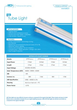 C A T A L O G U E 2 0 1 6
www.ledfy.in
HOME & OFFICEProfessional LED Lighting
Tube Light
LED
• Parking areas
• Ofces and conference rooms
• Homes and work tables • Industries
• Call centers • Export house
APPLICATIONS
• Lower consumption and energy saving
• Eco-friendly
• Replacing conventional uorescent lamp (T5 & T8)
• Reduces carbon dioxide
• Good color rendering • No UV radiation
• Long life span • Wide operation voltage 100V-300V
• Input Surge Protection
FEATURES
18
LED Tube Lights are more efcient at power-saving as compared to the regular tube lights. These simple and easy to install
xtures are an undoubted champion for your regular lighting purposes. LEDfy LED Tube Lights are slimmer and shorter as
compared to the regular tube lights
Details
Input Power
Length
Input Voltage
Color Temperature (CCT)
CRI
Lumens (lm)
LED Specication
Housing
Power Factor
S P E C I F I C A T I O N S
LFY-T5 (Batten) LFY-T5 (Batten) LFY-T8 (Retrot) LFY-T8 (Retrot)
9 Watt 18 Watt 9 Watt 18 Watt
2 Feet 4 Feet 2 Feet 4 Feet
AC220V, 50/60Hz
3000K / 4000K / 6500K
>80
800 1700 800 1700
LM80 – 50000 hrs life
Aluminum heat sink + PC
>0.95
 