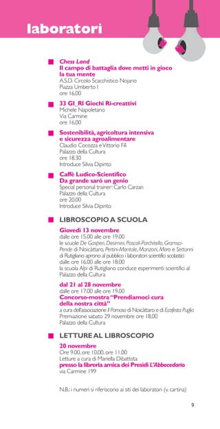 9 
laboratori 
Chess Land 
Il campo di battaglia dove metti in gioco 
la tua mente 
A.S.D. Circolo Scacchistico Nojano 
Piazza Umberto I 
ore 16,00 
33 GI_RI Giochi Ri-creattivi 
Michele Napoletano 
Via Carmine 
ore 16.00 
Sostenibilità, agricoltura intensiva 
e sicurezza agroalimentare 
Claudio Cocozza e Vittorio Filì 
Palazzo della Cultura 
ore 18.30 
Introduce Silvia Dipinto 
Caffè Ludico-Scientifico 
Da grande sarò un genio 
Special personal trainer: Carlo Carzan 
Palazzo della Cultura 
ore 20.00 
Introduce Silvia Dipinto 
LIBROSCOPIO A SCUOLA 
Giovedì 13 novembre 
dalle ore 15.00 alle ore 19.00 
le scuole De Gasperi, Desimini, Pascoli-Parchitello, Gramsci- 
Pende di Noicàttaro, Pertini-Montale, Manzoni, Moro e Settanni 
di Rutigliano aprono al pubblico i laboratori scientifici scolastici 
dalle ore 16.00 alle ore 18.00 
la scuola Alpi di Rutigliano conduce esperimenti scientifici al 
Palazzo della Cultura 
dal 21 al 28 novembre 
dalle ore 17.00 alle ore 19.00 
Concorso-mostra “Prendiamoci cura 
della nostra città” 
a cura dell’associazione Il Parnaso di Noicàttaro e di Ecofesta Puglia 
Premiazione sabato 29 novembre ore 18.00 
Palazzo della Cultura 
LETTURE AL LIBROSCOPIO 
20 novembre 
Ore 9.00, ore 10.00, ore 11.00 
Letture a cura di Mariella Dibattista 
presso la libreria amica dei Presìdi L’Abbecedario 
via Carmine 199 
N.B.: i numeri si riferiscono ai siti dei laboratori (v. cartina) 
 