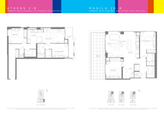 A T H E N S                                                 2 - B                                                                                                                                                                                             M A N I L A                                                        2 D - B
                                     2 BEDROOM - 918 SF. LIVING AREA + 74 SF. OUTDOOR = TOTAL AREA 992 SF.                                                                                                                                                                                         2 BEDROOM - 959 SF. LIVING AREA + 262 SF. OUTDOOR = TOTAL AREA 1,221 SF.




                                                    BEDROOM
                                                     10' 2” x 10'                                         KITCHEN
                                                                                                         10' 11" x 9' 6"                                                                                           BALCONY
                                                                                                                                                                                                                     74 SF.
                                                                                                                                              LIVING / DINING
                                                                                                                                                    25' x 9' 6"

                                                                                                                                                                                                                                                                                                                                                                                      LIVING / DINING                                                MASTER BEDROOM
                                                                                                                                                                                                                                                                                                                                                                                          16' 1" x 14'                                                        11' 1" x 9' 10"




                                                                                                                                                                         MASTER BEDROOM
                                                                                                                                                                                   10' 10" x 9' 6"                                                                                                                                                                                                              KITCHEN
                                                                                                                                                                                                                                                                                                                                                                                                                 16' 6" x 7'

                                                                                                                                                                                                                                                                                                                      TERRACE
                                                                         W/D                                                                                                                                                                                                                                             262 SF.


                                                                                                                                                                                                                                                                                                                                                               1008   1009
                                                                                                                                                                                                                                                                                                               14       15
                                                                                                                                                                                                                                                                                                                                                               1007    1010
                                                                                                                                                                                                                                                                                                               13       16
                                                                                                                                                                                                                                                                                                                                                               1006    1001
                                                                                                                                                                                                                                                                                                               12       17
                                                                                                                                                                                                                                                                                                                                                               1005    1002
                                                                                                                                                                                                                                                                                                               11       01

                                                                                                                                                                                                                                                                                                               10       02
                                                     BALCONY                                                                                                                                                                                                                                                                                                           1003
                                                         74 SF.                                                                                                                                                                                                                                                09       03                                     1004
                                                                                                                                                                                                                                                                                                                                                                                                                    DEN
                                                                                                                                                                                                                                                                                                                                                                                                                7' 2" x 6' 11"
                                                                                                                                                                                                                                                                                                                                                                      BEDROOM
                                                                                                                                                                                                                                                                                                          08 07 06 05 04                                              10’ 11” x 10'
                                                                                                                                                                                                                                                                                                                                                       10TH FLOOR
                                                                                                                                                                                       LIVING / DINING                                                               MASTER BEDROOM
                                                                                                                                                                                             16' 1" x 14'                                                                       11' 1" x 9' 10"   3RD-5TH FLOOR
                                                                                                                                                                                                                                                                                                                                                                                                                                       W/D
                                                                                                                                                                                                                                                                                                                                                                910    911
                                                                                                                                                                                                                                                                                                                                                                                         1008   1009

                                                                                                                                                                                                                                                                                                                                                               909      912
                                                                                                                                                                                                                                                                                                                                                                                         1007    1010
                                                                                                                                                                                                                                                                                                                                                               908      901
                                                                                                                                                                                                                                                                                                                                                                                        1006     1001
2011-10-14 2:25:00 PM




                                                                                                                                                                                                                                                                                                                                                               907     902
                                                                                                                                                                                                                                                                                                                                                                                         1005   1002
                  MASTER BEDROOM
                        6810" x 9' 6"
                             Merton Street
                                                                                                                                                                                                                                                                                                                                                               906     903
                                                                                                                                                                                                                                    2011-10-14 2:25:00 PM




                         10'

                                                                                                                                                                                                            1:50
                                                                                                                                                                                                                      SUITE:
                                                                                                                                                                                                                   KITCHEN
                                                                                                                                                                                                                    16' 6" x 7'
                                                                                                                                                                                                                                2-B                                                                                                                            905     904                      1003

                                                                                                                                                                                                                                 68 Merton                                              Street
                        Toronto, Ontario           Disclaimer : Materials, speciﬁcations & ﬂoor plans are subject to change without notice. All renderings are artist's concep tions.
                                                        All ﬂoor plans have approximate dimensions. Actual usable ﬂoor space may vary from the stated ﬂoor area. E.&O.E.                                                AREA: 918 SF                                                                                                                                                     1004

                        Project 10025                                                                                      TERRACE                                                                                      BALCONY 74 SF                                                                                                                                                                                                                  1:50
                                                                                                                                                                                                                                                                                                                                                                                                                                                                         SUITE: 2D-B
                        14 October 2011                                                                                                                                                                                          Toronto, Ontario                                            Disclaimer : Materials, speciﬁcations & ﬂoor plans are subject to change without notice. All renderings are artist's concep tions.
                                                                                                                            262 SF.
                                                                                                                                                                                                                                                                                                                                                         9TH FLOOR
                                                                                                                                                                                                                                                                                                  All ﬂoor plans have approximate dimensions. Actual usable ﬂoor space may vary from the stated ﬂoor area. E.&O.E.                                                       AREA: 959 SF
                                                                                                                                                                                                                                     Project 10025                                                                                                                                    10TH FLOOR                                                                         8TH FL TERRACE 262 S
                                                                                                                                                                                                                    LIVING / DINING October 2011
                                                                                                                                                                                                                                     14                                                               MASTER BEDROOM
                                                                                                                               14      15
                                                                                                                                                                                                                        16' 1" x 14'                                                                         11' 1" x 9' 10"
                                                                                                                                                                                                                                                                                                                                                                                                                                                                         9TH & 10TH FL BALC. 6
                                                                                                                               13      16
                                                                                                                                                                                                                                                                                                                                                                810    811               910     911                    1008     1009
                                                                                                                               12      17
                                                                                                                                                                                                                                                                                                                                                               809      812              909      912                   1007     1010
                                                                                                                               11      01
                                                                                                                                                                                                                                                                                                                                                               808     801               908     901                   1006      1001
                                                                                                                               10     02
                                                                                                                                                                                                                                                                                                                                                               807     802               907     902                    1005     1002
                                                                                                                               09     03                                                                              DEN
                                                                                                                                                                                                                   7' 2" x 6' 11"                                                                                                                              806     803               906     903
                                                                                                                                                                   BEDROOM                                                                                        KITCHEN                                                                                                                                                        1003
                                                                                                                           08 07 06 05 04                          10’ 11” x 10'                                                                                                                                                                               805    804                905     904                    1004
                                                                                                                                                                                                                                                                  16' 6" x 7'

                                                                                                                                                       TERRACE
                                                                                                                 3RD-5TH FLOOR
                                                                                                                    3RD - 5TH FLOOR                      262 SF.                                                                                            W/D                                                                                           8TH FLOOR                     9TH FLOOR                     10TH FLOOR
                                                                                                                                                                                                                                                                                                                                                         8TH FLOOR                     9TH FLOOR                   10TH FLOOR
                                                                                                                                                                                                                                                                     LIVING / DINING                                                  MASTER BEDROOM
                                                                                                                                                                                                                                                                           16' 1" x 14'                                                      11' 1" x 9' 10"
                                     All areas and stated room dimensions are approximate. Floor area measured in accordance with Tarion Warranty Corporation bulletin #22. Actual living area will vary from the floor area stated.                                                               All areas and stated room dimensions are approximate. Floor area measured in accordance with Tarion Warranty Corporation bulletin #22. Actual living area will vary from the floor area stated.
                                                              The purchaser acknowledges that the actual unit purchased may be a reverse layout to the plan shown. E. & O.E. Illustration is artist concept.                                                                                                                The purchaser acknowledges that the actual unit purchased may be a reverse layout to the plan shown. E. & O.E. Illustration is artist concept.
                                                                                                                                                                                                                                                                                                                                                                                                                       910    911
                                                                                                                                                                                                                                                                                                                                                                                      810    811

                                                                                                                                                                                                                                                                                                                                                                                                                        909       912
                                                              5:00 PM




                                                                                                                                                                                                                                                                                                                                                                                         809      812
                                                                                                                                                                                                                                                                                                                                                                                                                        908       901
                                                                                                                                                                                                                                                                                                                                                                                                 801
                                                           SUITE: 2-B                                                                                                                                                                                                                                                                                                                    808
                                                                                                                                                                                                                                                                                                                                                                                                                        907      902
 