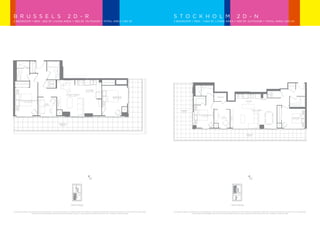 B R U S S E L S                                                                  2 D - R                                                                                                                                                                         S T O C K H O L M                                                                                                    2 D - N
                   2 BEDROOM + DEN - 822 SF. LIVING AREA + 362 SF. OUTDOOR = TOTAL AREA 1,184 SF.                                                                                                                                                                                   2 BEDROOM + DEN - 1,063 SF. LIVING AREA + 550 SF. OUTDOOR = TOTAL AREA 1,613 SF.




                                                                         W/D



                                                                                                                                                  KITCHEN
                                                                                                                                                  10' 5” x 7'5"

                                                                                                   LIVING / DINING                                                                                                                                                                                                                                                                                                                                                  W/D
                                                                                                      17' 6" x 14' 3"
                                                                                                                                                                            BEDROOM                                                                                                                                                                               STORAGE
                                                                                                                                                                            12' 1" x 10' 3"
                                                                                                                                                                                                                                                                                                                                                                                                                                                          PANTRY
                           MASTER BEDROOM                                                                                                                                                                                                                                                                                                                                                                                KITCHEN
                                 11' 3" x 8' 10"                                                                                                                                                                                                                                                                                                                                                                            15' x 7'
                                                                DEN
                                                             7' 6" x 7' 2"


                                                                                                                                                                                                                                                                                                    TERRACE                                                                                                                            LIVING / DINING
                                                                                                                                                                                                                                                                                                      550 SF.                                                                                                                            22' 2" x 9' 6"


                                                                                                                                                                                                                                                                                                                                  MASTER BEDROOM
                                                                                                                                                                                                                                                                                                                                     11' 2" x 9' 10"   W/D
                                                                                                                                                                                                                                                                                                                                                                            DEN
                                                                                                                                                                                                                                                                                                                                                                         8' 9" x 7' 6"                                                                                                                BEDROOM
                                                                                                                                                                                                                STORAGE                                                                                                                                                                                                                                                                               11' 2” x 9' 5"

                                                                                                                                                                                                                                           1303   1304
                                                                                                                                                                                                                                                                                                                                   PANTRY
                                                                                      TERRACE
                                                                                         362 SF.
                                                                                                                                                                                                                                           1302   1301
                                                                                                                                                                                                                                                                                              KITCHEN
                                                                                                                                                                                                                                                                                                    15' x 7'




                                                                                                                                                                                                                                                                                                                                                                                                                          TERRACE
                                                                                                                                                                                                                                                                                                                                                                                                                            550 SF.

                                                                                                                                                        TERRACE                                                                       13TH FLOOR                                                               LIVING / DINING
                                                                                                                                                         550 SF.                       SUITE: 2D-R                                                                                                               22' 2" x 9' 6"
                                                                                                                                                                                       AREA: 822 SF
                                                                                                                                                                                       TERRACE 362 SF
                                                                                                                                                                             MASTER BEDROOM                                                                                                                                                                                                                                                                                                                   SUITE: 2D-N
                                                                                                                                                                                    11' 2" x 9' 10"
                                                                                                                                                                                                                              DEN                                                                                                                                                                                                                                                                             AREA: 1063 SF
                                                                                                                                                                                                                           8' 9" x 7' 6"                                                                                                                                                                             BEDROOM
                                                                                                                                                                                                                                                                                                                                                                                                                      11' 2” x 9' 5"                                                    1303   1304           TERRACE 550 SF




                                                                                                                                                                                                                                                         2011-10-14 2:25:00 PM
68 Merton Street
                                                                                                                                                                                                                                                                                                                                                                                                                                                                                        1302   1301



                                                                                                                                                                                                                    1:50
                                                                                                                                                                                                                                                                                 68 Merton Street
EN
Toronto, Ontario                                                      Disclaimer : Materials, speciﬁcations & ﬂoor plans are subject
                                                                                                                              to change without notice. All renderings are artist's tions.
                                                                                                                                                                                    concep
                                                                                                                                                                                                                                                                                 Toronto, Ontario                                                       Disclaimer : Materials, speciﬁcations & ﬂoor plans are subject
                                                                                                                                                                                                                                                                                                                                                                                                                to change without notice. All renderings are artist's tions.
                                                                                                                                                                                                                                                                                                                                                                                                                                                                      concep
                                                                                                                                                                                                                                                                                                                                                                                                                                                                               1:50
7'5"                                                                       All ﬂoor plans have approximate dimensions. Actual usable
                                                                                                                                 ﬂoor space may vary from the stated ﬂoor area. E.&O.E.                                                                                                                                                                      All ﬂoor plans have approximate dimensions. Actual usable
                                                                                                                                                                                                                                                                                                                                                                                                                   ﬂoor space may vary from the stated ﬂoor area. E.&O.E.
Project 10025                                                                                                                                                                                                                                                                    Project 10025
14 October 2011                                                                                                                                                                                                                                                                  14 October 2011

                                                                                                                                                                                                                                                                                                                                                                                                                                                                                      13TH FLOOR
                                  BEDROOM
                                  12' 1" x 10' 3"



                                                                                                                                                                                                                                                                                              TERRACE
                                                                                                                                                                                                                                                                                                    550 SF.




                                                                                                                                                                                                                                                                                                                                                                                                                                 SUITE: 2D-N
                                                                                                                                                                                                                                                                                                                                                                                                                                 AREA: 1063 SF
                                                                                                                                  1303   1304                                                                                                                                                                                                                                                     1303    1304                   TERRACE 550 SF
                                                                                                          2011-10-14 2:25:00 PM




                                                                                                                                  1302   1301                                                                                                                                                                                                                                                     1302    1301


                                                                                                                                    68 Merton Street
                                                                                                                                                                                                                                                                                                                                                                           1:50
                                                                                                                                     Toronto, Ontario                                                 Disclaimer : Materials, speciﬁcations & ﬂoor plans are subject
                                                                                                                                                                                                                                                              to change without notice. All renderings are artist's tions.
                                                                                                                                                                                                                                                                                                                    concep
                                                                                                                                                                                                           All ﬂoor plans have approximate dimensions. Actual usable
                                                                                                                                                                                                                                                                 ﬂoor space may vary from the stated ﬂoor area. E.&O.E.
                                                                                                          PENTHOUSE
                                                                                                             Project 10025                                                                                                                                                                                                                                                                   PENTHOUSE
                                                                                                                                     14 October 2011

                                                                                                      13TH FLOOR                                                                                                                                                                                                                                                                         13TH FLOOR
                                                       SUITE: 2D-R
                   All areas and stated room dimensions are approximate. Floor area measured in accordance with Tarion Warranty Corporation bulletin #22. Actual living area will vary from the floor area stated.
                                            The purchaser acknowledges that the actual unit purchased may be a reverse layout to the plan shown. E. & O.E. Illustration is artist concept.
                                                                                                                                                                                                                                                                                    All areas and stated room dimensions are approximate. Floor area measured in accordance with Tarion Warranty Corporation bulletin #22. Actual living area will vary from the floor area stated.
                                                                                                                                                                                                                                                                                                             The purchaser acknowledges that the actual unit purchased may be a reverse layout to the plan shown. E. & O.E. Illustration is artist concept.
                                                       AREA: 822 SF
                                                       TERRACE 362 SF
 