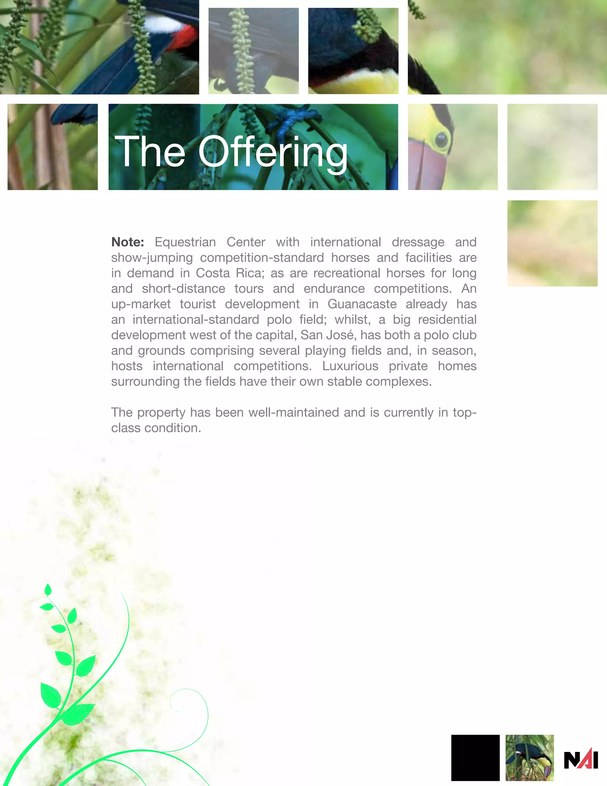 The Offering
Note: Equestrian Center with international dressage and
show-jumping competition-standard horses and facilities are
in demand in Costa Rica; as are recreational horses for long
and short-distance tours and endurance competitions. An
up-market tourist development in Guanacaste already has
an international-standard polo field; whilst, a big residential
development west of the capital, San José, has both a polo club
and grounds comprising several playing fields and, in season,
hosts international competitions. Luxurious private homes
surrounding the fields have their own stable complexes.

The property has been well-maintained and is currently in top-
class condition.
 