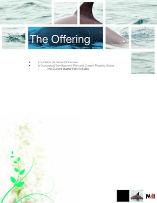 The Offering
•   Los Cielos | A General Overview:
•   A Conceptual Development Plan and Current Property Status
    -      The Current Master Plan includes
 