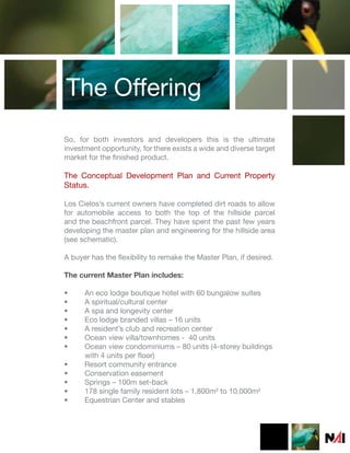 The Offering
So, for both investors and developers this is the ultimate
investment opportunity, for there exists a wide and diverse target
market for the finished product.

The Conceptual Development Plan and Current Property
Status.

Los Cielos’s current owners have completed dirt roads to allow
for automobile access to both the top of the hillside parcel
and the beachfront parcel. They have spent the past few years
developing the master plan and engineering for the hillside area
(see schematic).

A buyer has the flexibility to remake the Master Plan, if desired.

The current Master Plan includes:

•     An eco lodge boutique hotel with 60 bungalow suites
•     A spiritual/cultural center
•     A spa and longevity center
•     Eco lodge branded villas – 16 units
•     A resident’s club and recreation center
•     Ocean view villa/townhomes - 40 units
•     Ocean view condominiums – 80 units (4-storey buildings
      with 4 units per floor)
•     Resort community entrance
•     Conservation easement
•     Springs – 100m set-back
•     178 single family resident lots – 1,800m² to 10,000m²
•     Equestrian Center and stables
 