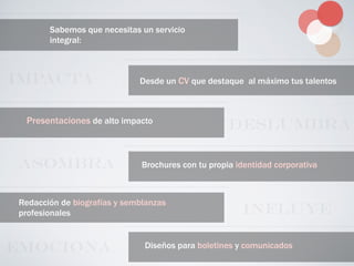 Desde un CV que destaque al máximo tus talentos
Presentaciones de alto impacto
Diseños para boletines y comunicados
Redacción de biografías y semblanzas
profesionales
Brochures con tu propia identidad corporativa
Sabemos que necesitas un servicio
integral:
IMPACTA
DESLUMBRA
INFLUYE
ASOMBRA
EMOCIONA
 