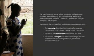 The My Community model values monitoring and evaluation,
a process we call learning. As communicators, we focus on
understanding the audience’s needs as it evolves and changes
throughout the program.
We measure the success of our programs across three indicators:
1.	 The capacity of our local partners to effectively use
communications to catalyze change in their community.
2.	 The size of the community that supports this work.
3.	 The positive changes in audience knowledge, attitudes
and behaviors around targeted social, health and
environmental issues.
 
