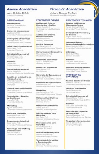 Agronegocios
Kenneth L. Hoadley D.B.A.
Harvard University
Comercio Internacional
Luis Brotons Ph.D.
Universidad Politécnica de Valencia
Demografía y Sociología
Marina Nicolaeva Ph.D.
The Pennsylvania State University
Desarrollo Organizacional
Carlos Lagos Ph. D.
University of Pittsburgh
Estrategia Empresarial
Silvio de Franco Ph.D.
University of Wisconsin
Finanzas
Larita Killian
Stanford University Ed.D.
Gerencia Internacional
Manuel Olave Ph.D.
University of California, Santa Barbara
Gestión en la Industria de
Hidrocarburos
Williams Gonzales Ph.D.
University of Illinois at Urbana –
Champaign
Gestión del Conocimiento
Pablo Zegarra Ph.D.
Universidad Politécnica de Valencia
Negociación y Gestión
de Conflictos
Rosmy Pol Ph.D.
Universidad de Sevilla
Marketing
Agustín Iturricha Ph.D.
Universidad Politécnica de Valencia
Recursos Humanos
María Isabel Pueyo Ph.D.
Universidad de Zaragoza
Organización Industrial
Oscar Molina Ph.D.
Universidad Politécnica de Valencia
Tecnología Informática y
Comunicación
Alex Villazón Ph.D.
Université de Genève
CÁTEDRA (Chair)
Análisis del Entorno
Económico y Político
Alberto Rubio Ph.D.
Pontificia Universidad Católica de
Argentina
Análisis del Entorno
Macroeconómico
Boris Branisa Ph.D.
University of Goettingen
Control Gerencial
Raúl Barrientos Ph.D.
Universidad Politécnica de Valencia
Comunicación Corporativa
Mariana Lacunza Ph.D.
Ohio State University
Desarrollo Económico
Lykke E. Andersen Ph.D.
University of Aarhus
Desarrollo Sostenible
Carla Quiroga Ph.D.
Lund University
Gerencia de Operaciones
Sandra Ibañez Ph.D.
Université Toulouse III Paul Sabatier
Gerencia de Operaciones
Elizabeth Torres Ph.D.
Universidad Politécnica de Valencia
Marketing
Juan Carlos Durán Ph.D.
Universidad Politécnica de Valencia
Métodos Cuantitativos
Oliver Saavedra Ph.D.
University of Tokyo
Métodos Cuantitativos
Tommy Pozo Ph.D.
University of Duisburg-Essen
Microeconomía para
Gerentes
Luis Castro Ph.D.
University of Colorado at Boulder
Microeconomía para
Gerentes
Ricardo Nogales Ph.D.
Université de Genève
Simulación de Negocios
Gonzalo Guzmán Ph.D.
Universidad Privada Boliviana
Tecnología Informática
y Comunicación
Cecilia Tapia Ph.D.
Université Pierre et Marie Curie
Análisis del Entorno
Macroeconómico
Pamela Córdova Ph.D(c).
Universidad Privada Boliviana
Contabilidad Financiera y
de Costos
Virginia Uriona Ph.D(c).
Universidad Politécnica de Valencia
Liderazgo Ético y
Responsabilidad Corporativa
Alberto Sanjinés Ph.D(c).
Universidad Politécnica de Valencia
Liderazgo
Edwin Durán MSc.
Clemson University
Finanzas
Juan José Jordán Ph.D(c).
Universidad Privada Boliviana
Finanzas Internacionales
Alejandro Vargas Ph.D(c).
Universidad Privada Boliviana
PROFESORES
INVITADOS
Análisis Escrito de Casos
Mélida De León Ph.D.
Universidad Estatal de Costa Rica
Derecho Empresarial
Ramiro Moreno LL.M.
Harvard Law School
Estrategia Empresarial
Eduardo Muñoz Ph.D(c).
Universidad de Santiago de Chile
Finanzas
Juan Carlos Sánchez Ph.D(c).
Universidad de Sevilla
Negociación y Gestión
de Conflictos
Giacinto Maddalena Ph.D.
California State University, Glendale
Negocios Internacionales
John D. Daniels Ph.D.
University of Michigan
Asesor Académico
John C. Ickis D.B.A.
Harvard University
Dirección Académica
Johnny Burgos Ph.D(c).
Université Jean Moulin Lyon3
PROFESORES PLENOS PROFESORES TITULARES
 